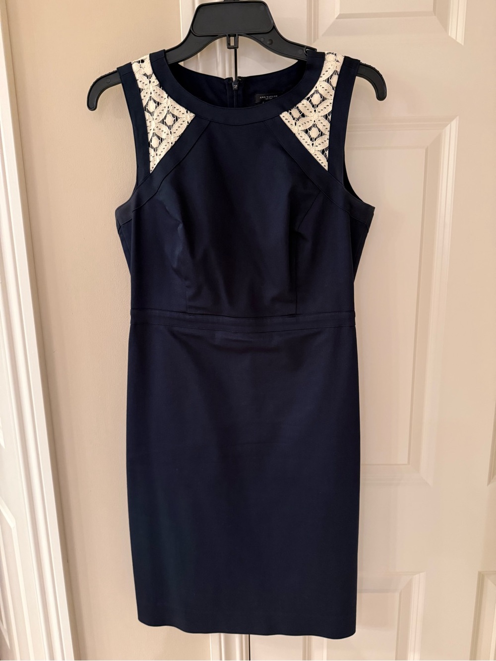 Ann Taylor Navy Midi Dress with Ivory Lace Shoulders